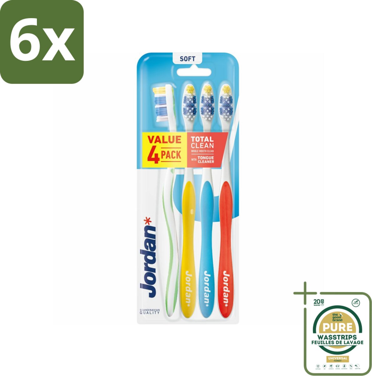Jordan Tandenborstel Total Clean Soft 4-pack 4 stuks per verpakking - Voordeelverpakking - 6 stuks - Tandplak verwijderen - Tandvlees verzorgen