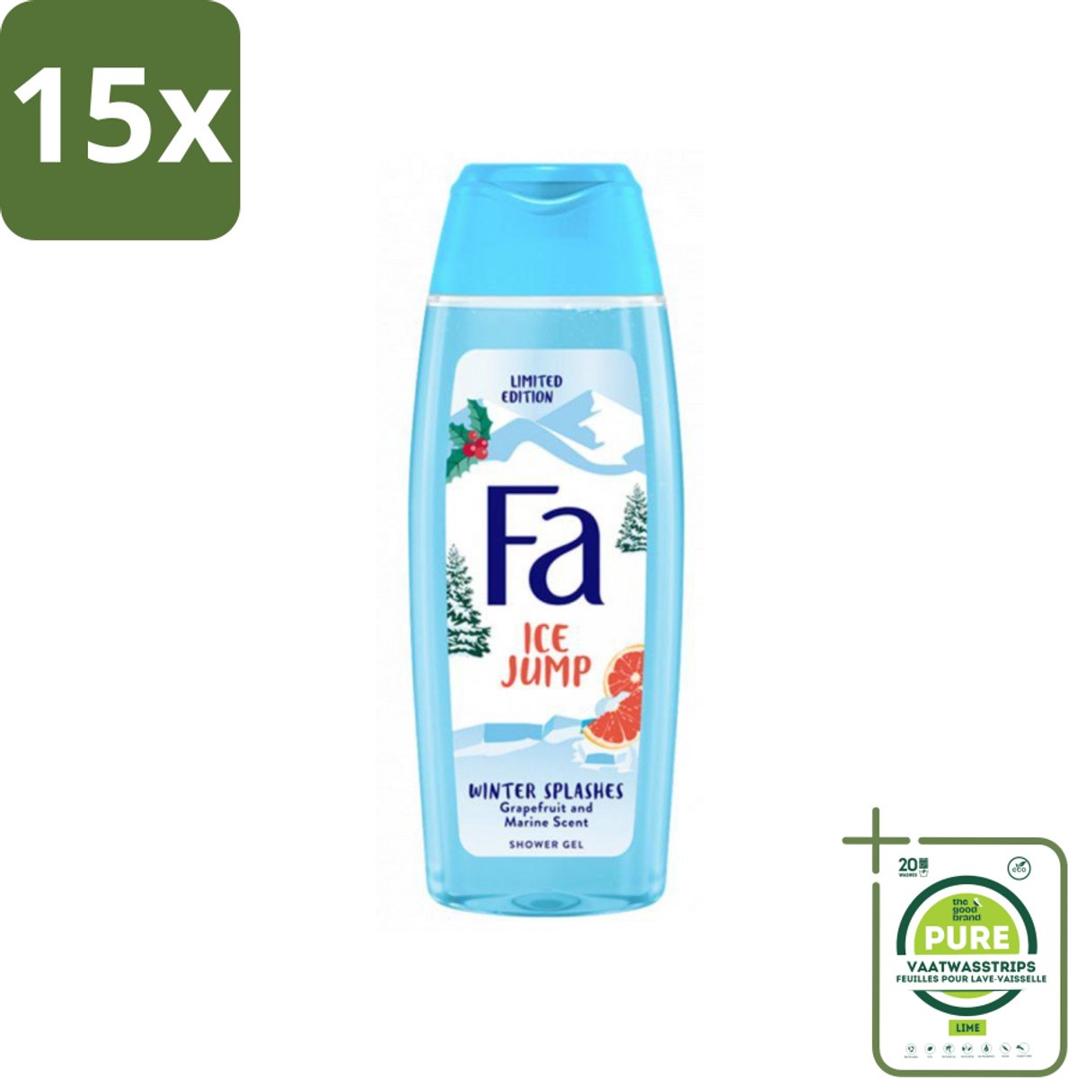 15 x Fa - Douchegel - Winter Splashes Ice Jump - Frisse Geur & Verfrissing - Verzorgend - 250 ml - Grootverpakking - Douchegel - Zeebries - Grapefruit - Winter - Verfrissend