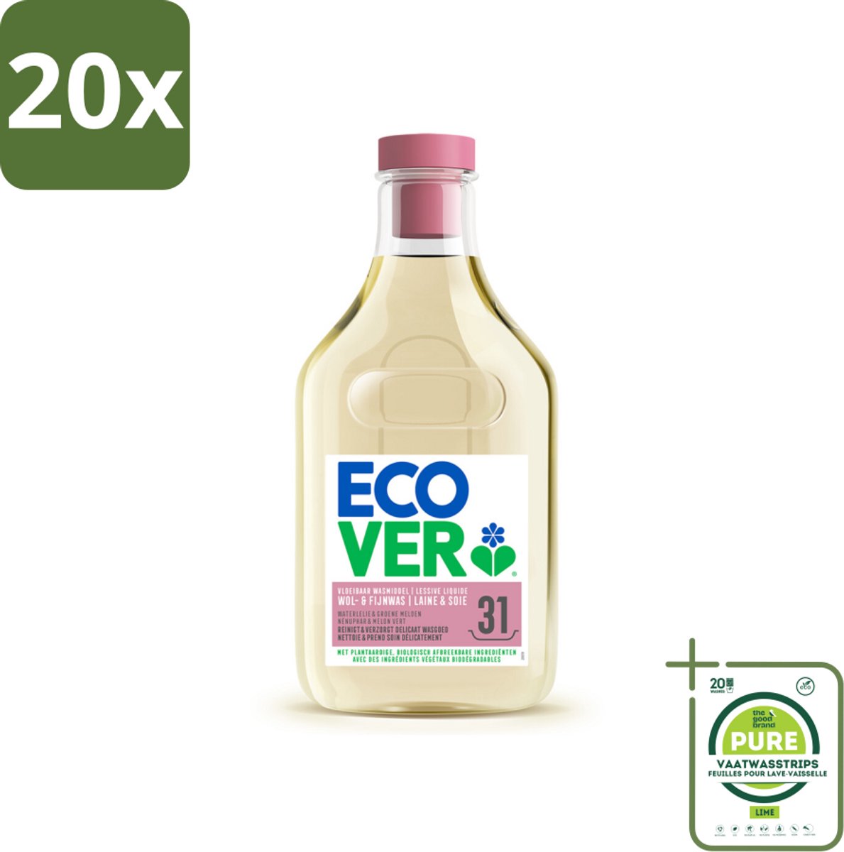 20 x Ecover Vloeibaar Wasmiddel Wol & Fijn Was - Waterlelie & Groene Meloen 31 Wasbeurten 1,43 liter - Grootverpakking - Wasmiddel Wol En Fijn - Fijne Stoffen Was - Delicate Stoffen Was - Plantbased Wasmiddel - Milieuvriendelijk Wasmiddel