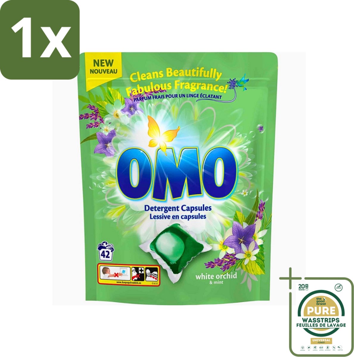 1 x Omo - Wascapsules - Witte orchidee & Munt - Krachtige geur - 42 Capsules- Wasmiddel - Wascapsules - Reiniging - Geur - Witte Orchidee