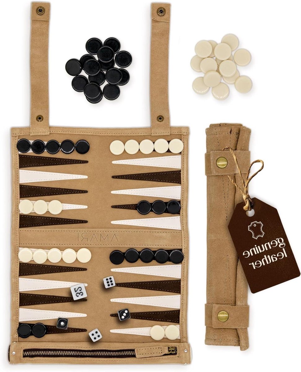 Reisbackgammon - Oprolbaar spel - Reizen en onderweg - Gemaakt van leer - 25 x 31 cm - Beige