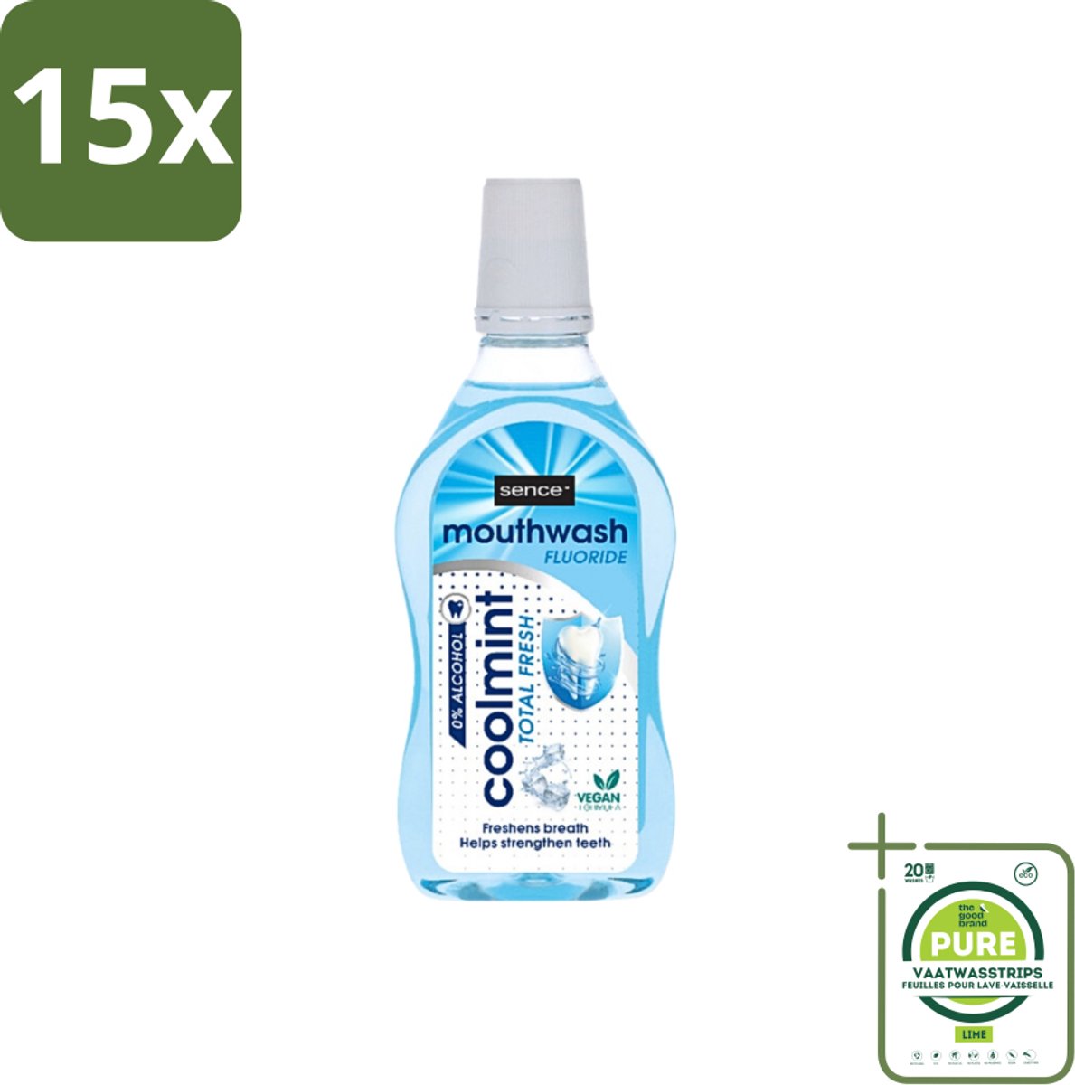 15 x Sence - Fresh Coolmint - Mondwater - Verfrissend - 500 ml - Grootverpakking - Mondwater - Frisse Adem - Koele Mint - Fluoride - Gaatjes Voorkomen