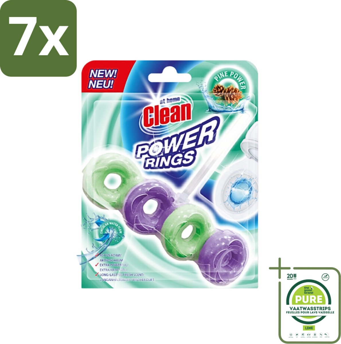 7 x At Home - Clean - Toiletblok - Power Rings - Pine Power - Extra Sterk - 1 Blok - Grootverpakking - Toiletblok - Power Rings - Pine - Toilet Reiniging - Toilet Frisheid
