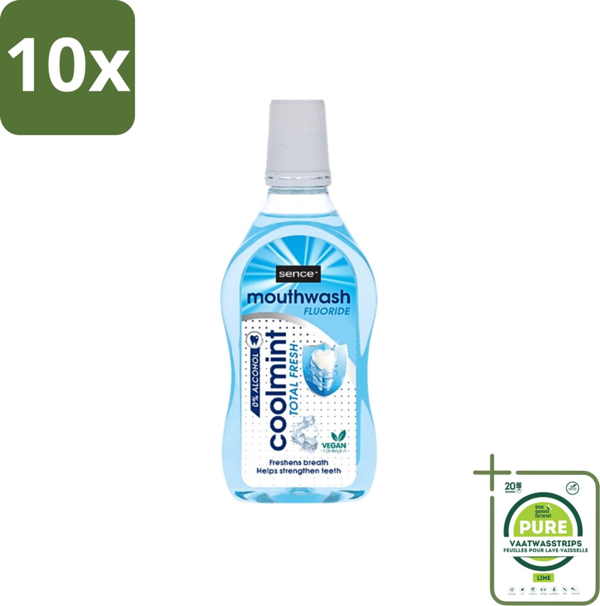 10 x Sence - Fresh Coolmint - Mondwater - Verfrissend - 500 ml - Grootverpakking - Mondwater - Frisse Adem - Koele Mint - Fluoride - Gaatjes Voorkomen