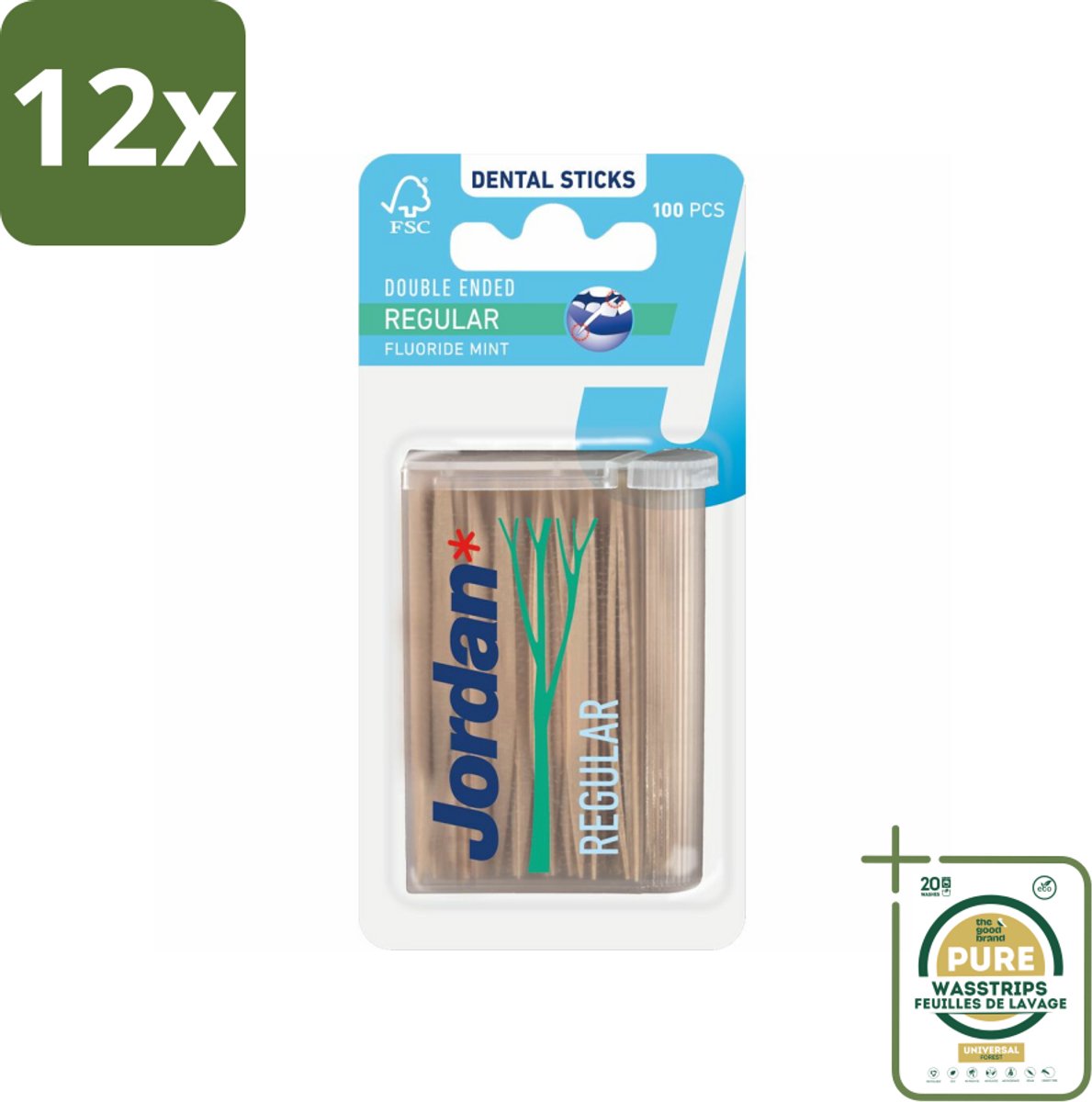 Jordan Tandenstokers Double Ended Regular 100 stuks per verpakking - Voordeelverpakking - 12 stuks - Tanden reinigen - Tandplak verwijderen