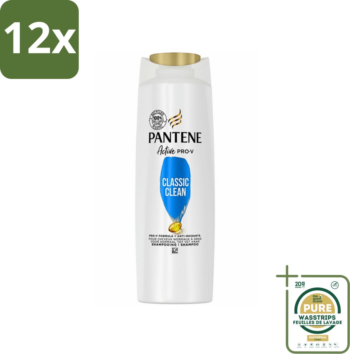 Pantene - Shampoo - Classic Clean - Verfrissende Reiniging - Voor Normaal Haar - 225 ml - Voordeelverpakking - 12 stuks - Normaal haar - Pro-V voedingsstoffen