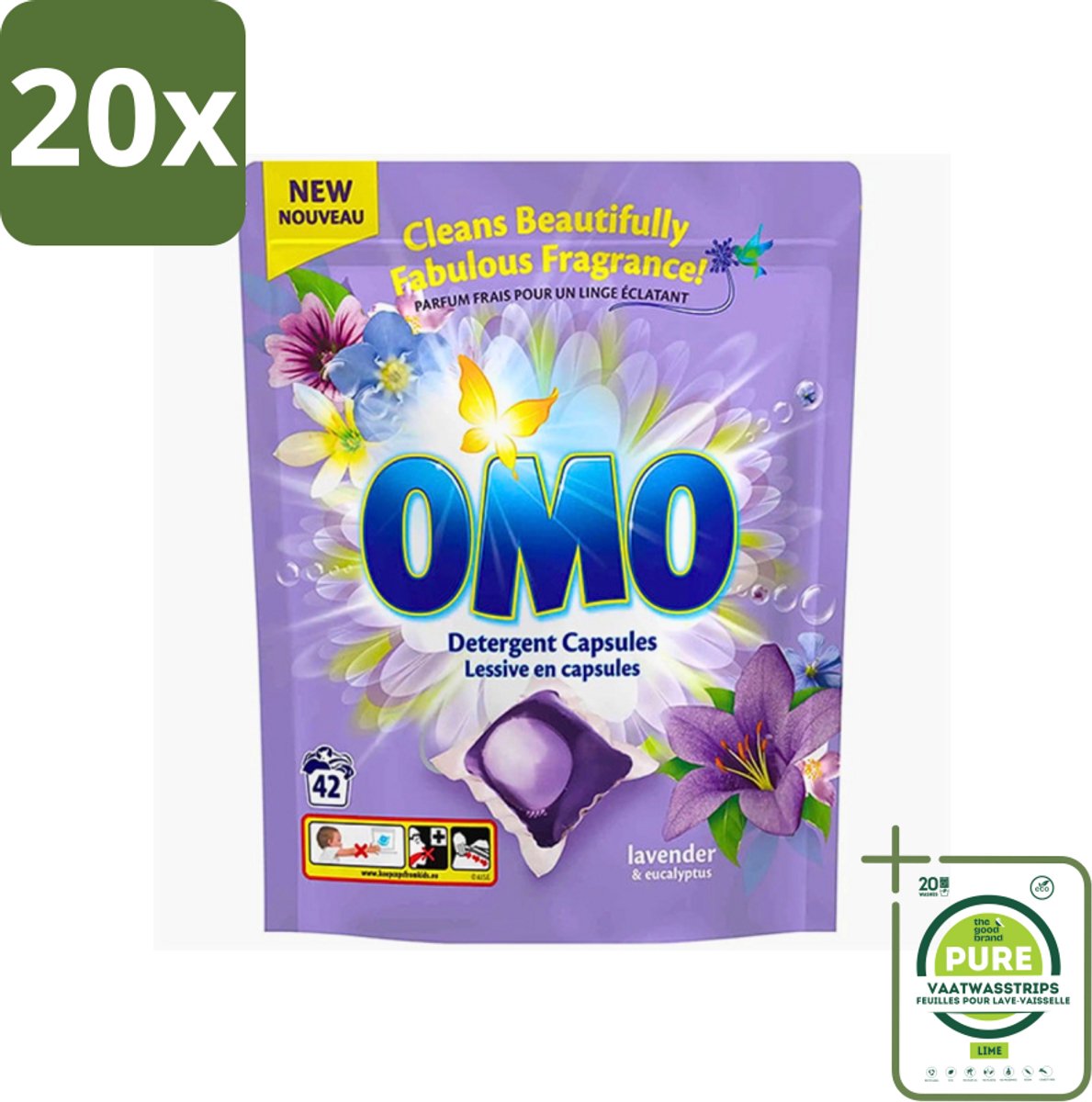 20 x Omo - Wascapsules - Lavendel & Eucalyptus - Krachtige geur - 42 Capsules - Grootverpakking - Wascapsules Lavendel En Eucalyptus - Geleid Wasmiddel - Gebruik Van Wascapsules - Was Voor Gekleurde Kleding - Geur Van Lavendel En Eucalyptus