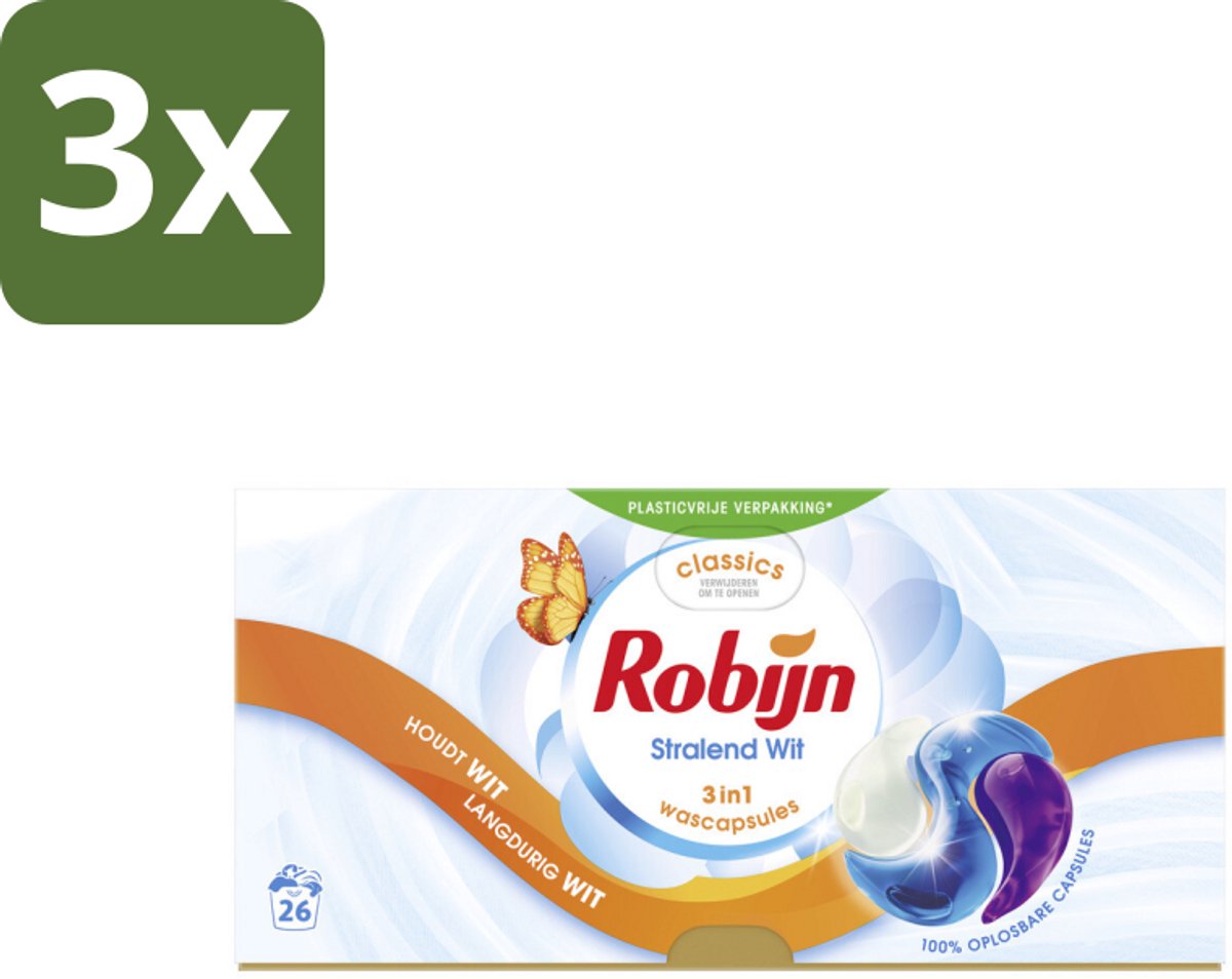 Robijn – 3-in-1 Wascapsules – Stralend Wit - 26 Capsules - Bulkverpakking - 3 stuks