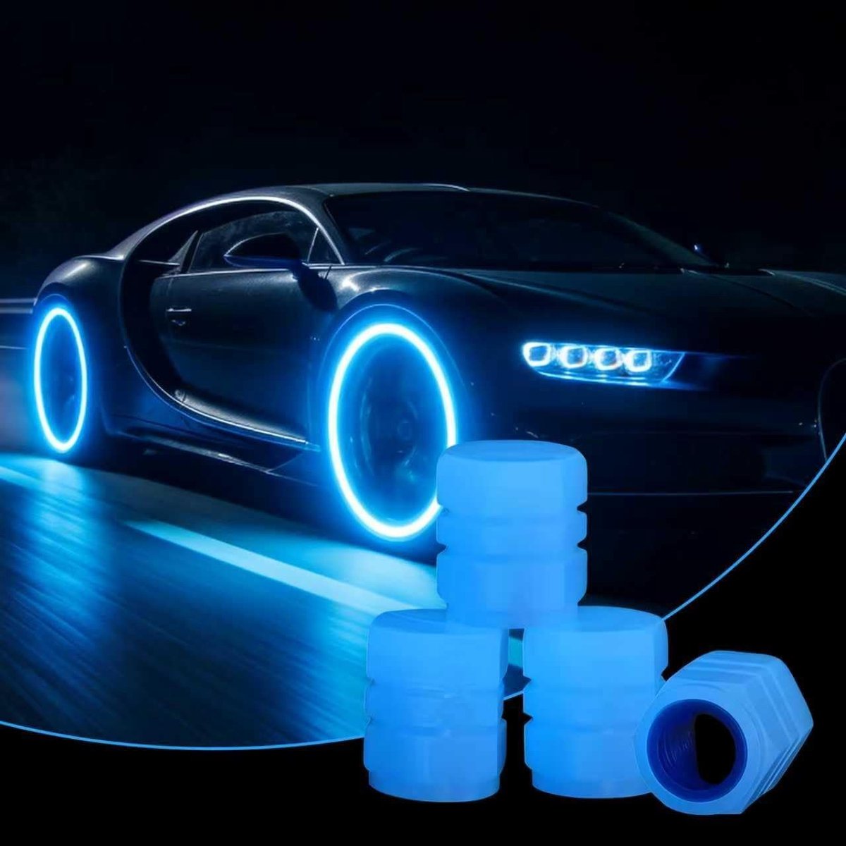 Set van 4 Fluorescerende Ventieldoppen voor Auto Bandenkappen - Verlichte en Glow in the Dark Bescherming voor Truck, SUV, Motor en Fiets Decoratie (Blauw)