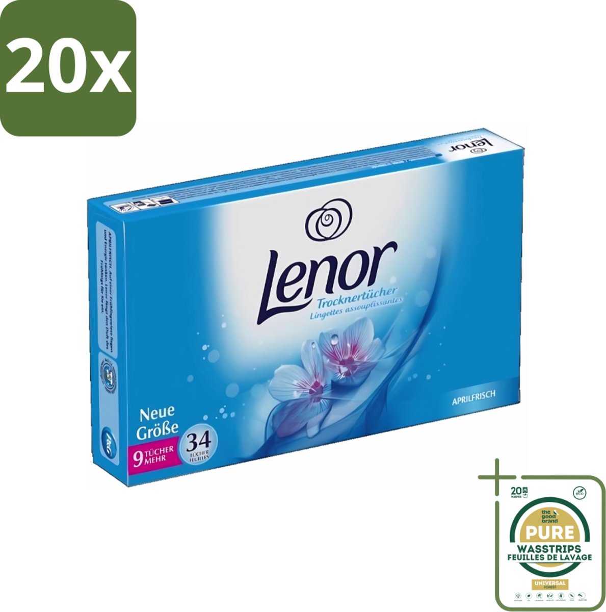 20 x Lenor - Droogtrommeldoekjes - Aprilfris - Textielverfrisser - 34 Doekjes - Grootverpakking - Droogtrommeldoekjes - Wasdoekjes - Textielverfrisser - Frisheid - Statische Elektriciteit