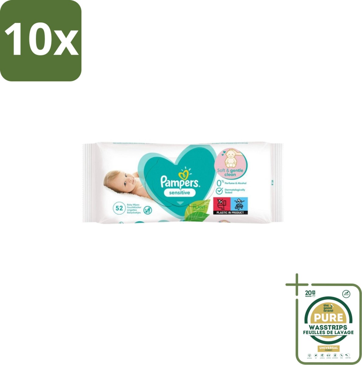 10 x Pampers – Babydoekjes – Sensitive – 52 Doekjes - Grootverpakking - Babydoekjes - Gevoelige Huid - Pasgeboren Baby - Zachte Reiniging - Soft Grip Texture