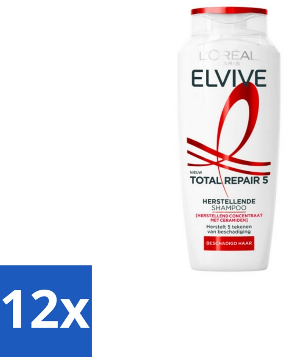 12 x L'Oréal Elvive Total Repair 5 Shampoo 250 ml - Beschadigd Haar - Droog Haar - Futloos Haar - Herstel Shampoo - Haar Herstellen
