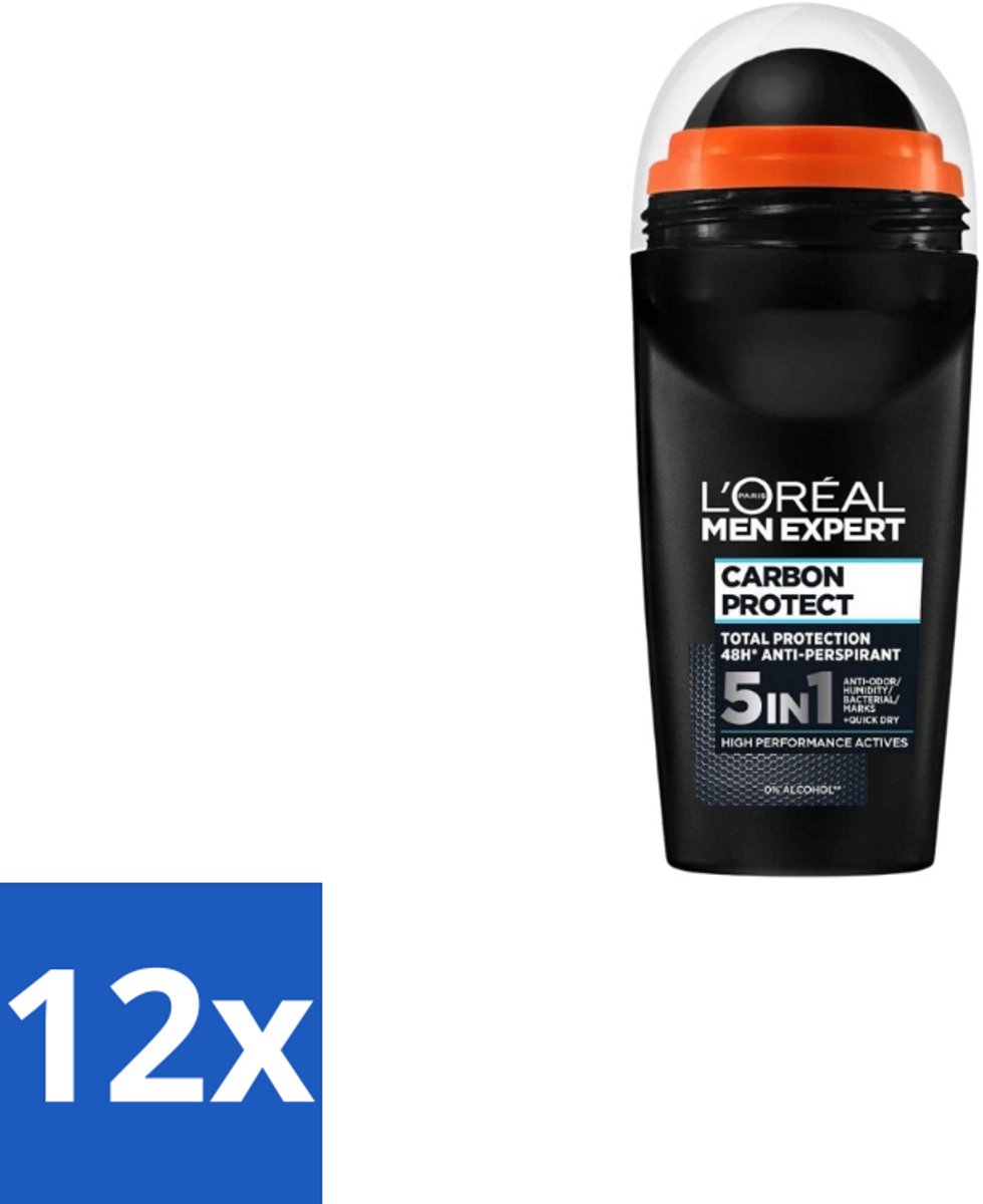 12 x L’Oréal Paris Men Expert – Deodorant Roller – Carbon Protect 5-in-1 – 50 ml - Anti-transpirant - Deodorant - Zweet - Geur - Vlekken