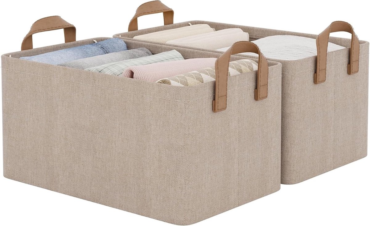 Vouwbare Opbergdozen voor Organisatie, Decoratieve Mandjes voor Planken, Handige Opbergdozen van Stof, Set van 2, 37.5 x 26 x 21 cm, Bruin, Ideaal voor Thuis en Kantoor