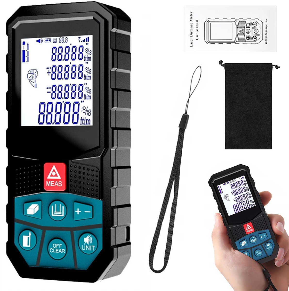 Professionele laser afstandsmeter - Bereik van 50 meter - Digitale hoekmeter - Infrarood meetinstrument - Digitale nauwkeurigheid - Elektronische afstandsmeter - Hoekmeting - Batterij niet inbegrepen - Blauw