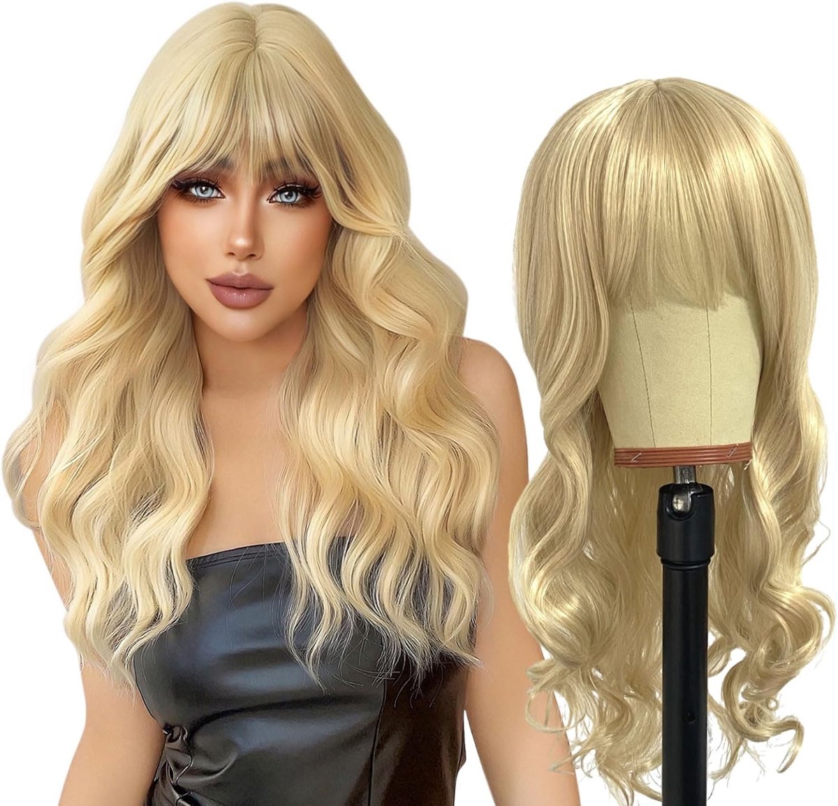 Langgolvende blonde pruik met bangs voor vrouwen, 68 cm, krullend en hittebestendig voor cosplay en dagelijks gebruik