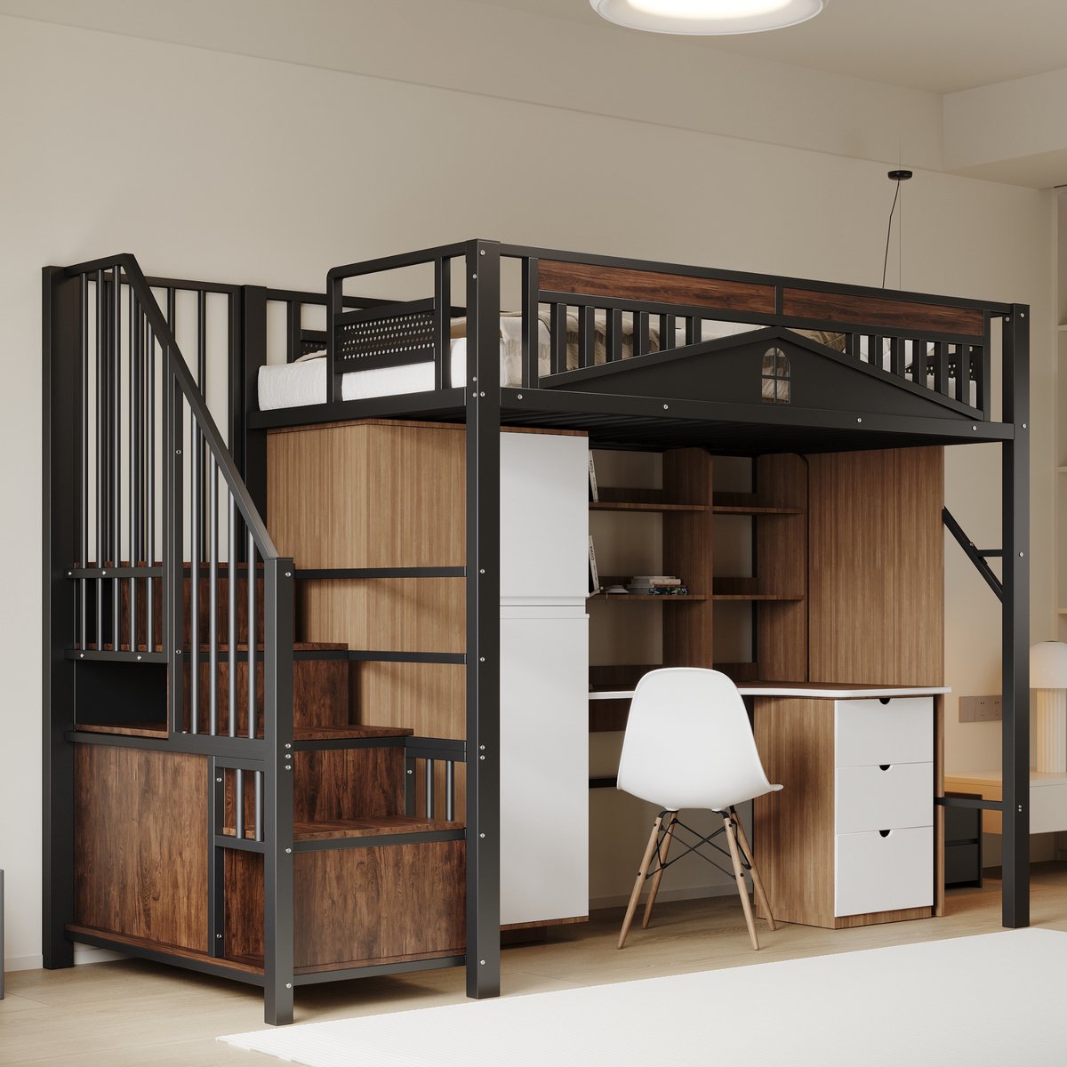 Metalen hoogslaper 90x200 cm - Uniek veiligheidshek met raam en opbergtrap - Zwart - Stevig stalen frame met 24 latten - Ruimte onder bed voor bureau of speelhoek - Geschikt voor kind en tiener