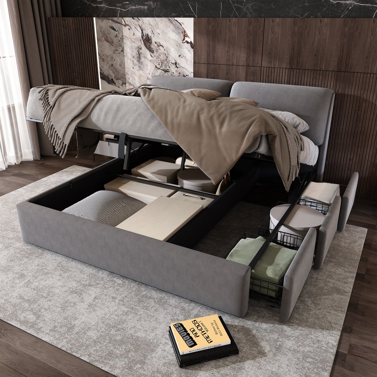 Hydraulisch opbergbed met 3 lades en gestoffeerd hoofdbord - 160x200 cm tweepersoons - Grijs fluweel - Olifantenoor-design hoofdbord - Inclusief lattenbodem - Zonder matras