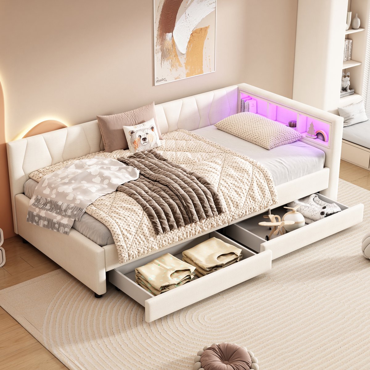 Dagbed 90x200 cm - Slaapbank met LED-sfeerverlichting, USB-C en opbergruimte - Beige - 2 lades en opbergvakken aan hoofdeinde - Zachte linnen bekleding - Stevig tot 300 kg