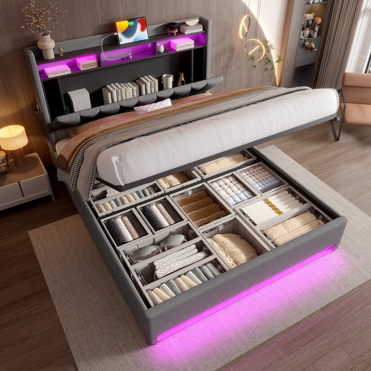 Gestoffeerd opbergbed - hydraulisch en ruimtebesparend - 140x200 cm tweepersoons - grijs - met LED-verlichting - USB-C snelladen - hoofdeinde met opbergvak