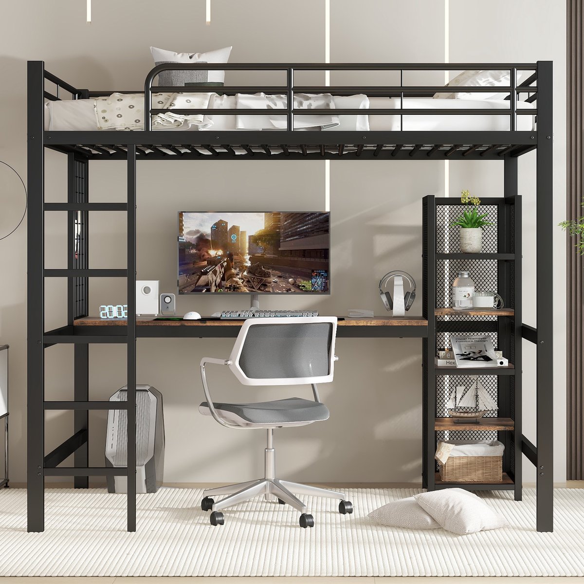 Hoogbed met bureau en opbergkast - Studie- en slaapcombinatie - 90x200 cm - Zwart + donker hout - 5-laags opbergsysteem en metalen raster - Stabiele ladder en veiligheidsrekken - FSC-gecertificeerd