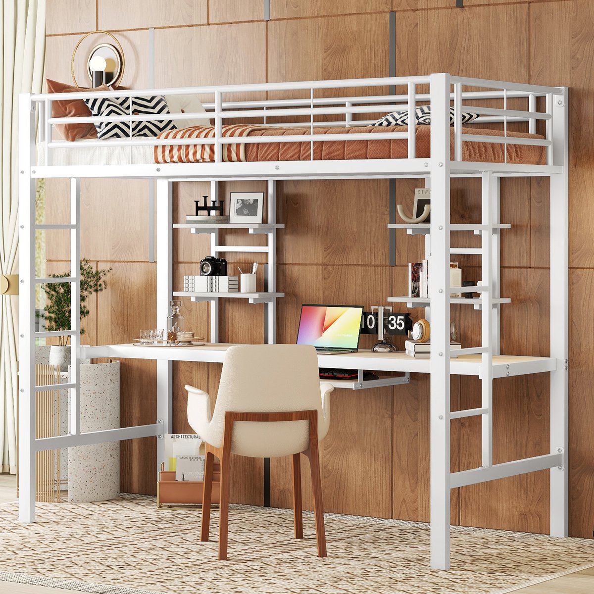 Hoogslaper met bureau en 2 boekenplanken - 90x200 cm eenpersoons - Wit - Stabiel metalen frame met poedercoating - Veiligheidshek en vaste ladder - Met toetsenbordlade - Geschikt voor alle leeftijden