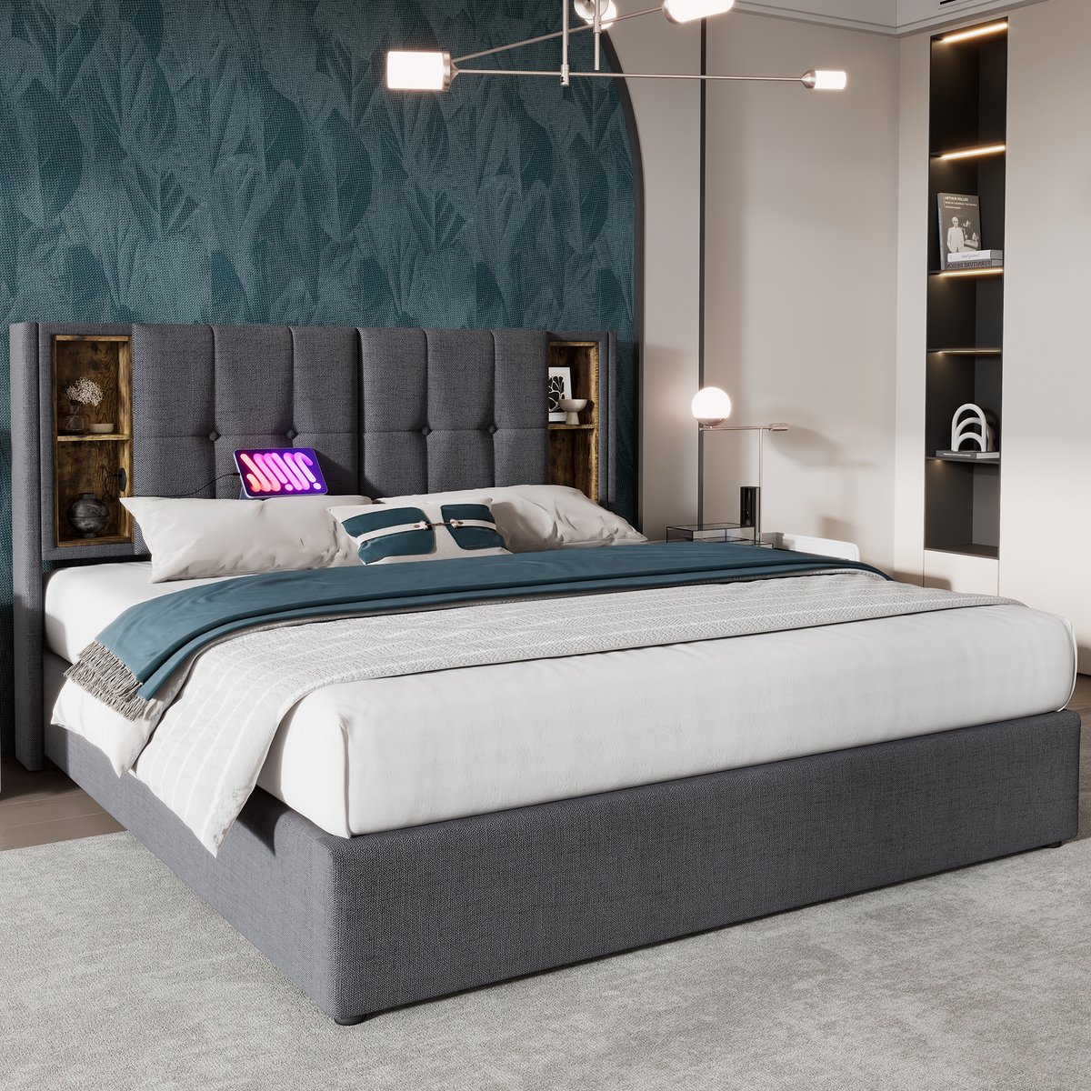 Gestoffeerd opbergbed met draadloos laden, USB-C en gasveer liftsysteem - 140x200 cm voor 2 personen - Grijs - 4 open hoofdeinde vakken - Inclusief houten lattenbodem - 300 kg draagvermogen