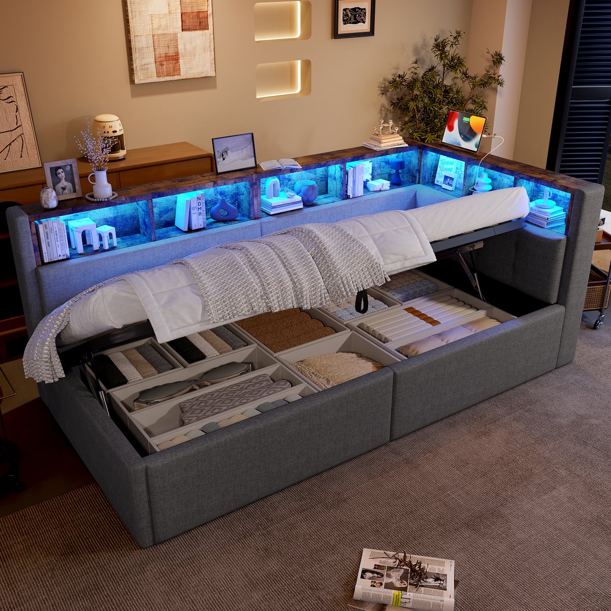 Dagbed 90x200 cm - Slaapbank met hydraulische berging, LED en USB-C - Grijs - Ademende linnen bekleding, meerdere opbergvakken - Inclusief lattenbodem