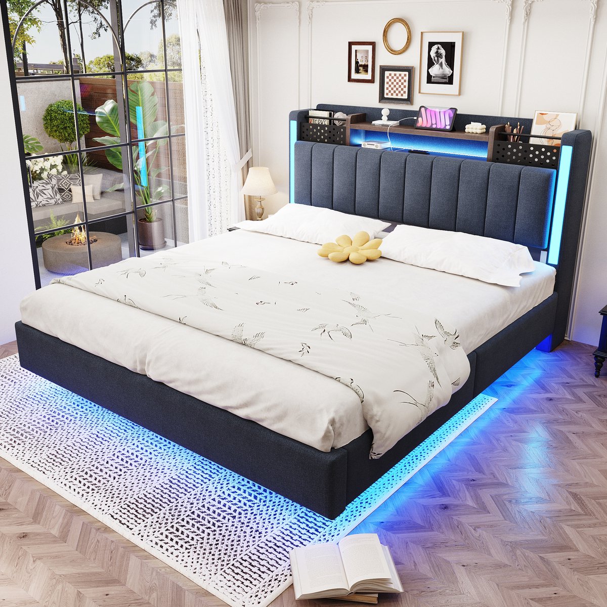 Gestoffeerd zwevend bed 140x200 cm - USB-poort, LED-verlichting en opbergruimte - Grijs linnen - Verstelbaar hoofdeinde met verborgen opbergvakken - Geschikt als tiener- of volwassen bed