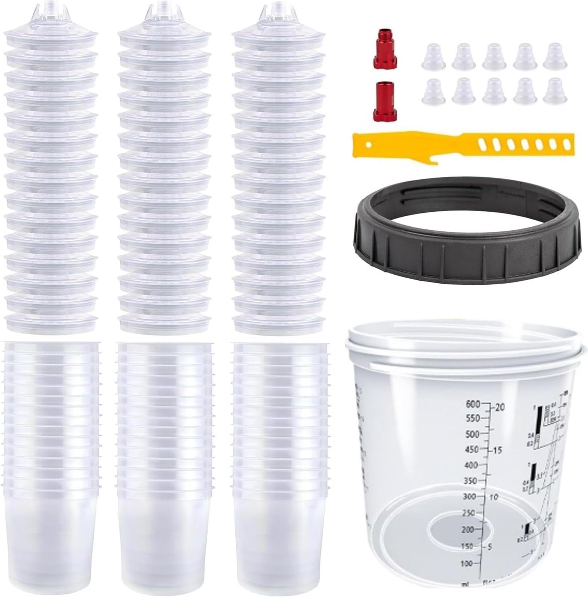 Wegwerpverfmengbekers voor verfspuitpistool, 50 stuks + 2 aluminium aansluitingen + 1 mengstaaf (600 ml) voor efficiënt verf mengen en spuiten