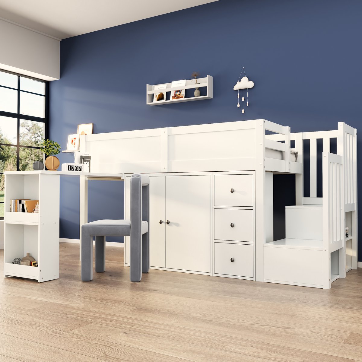 Kinderhoogbed 90x200 cm - Multifunctioneel met uitschuifbaar bureau en trapkast - Wit - Inclusief kledingkast, lade en zijvakken - Stevig MDF-frame met veiligheidsreling