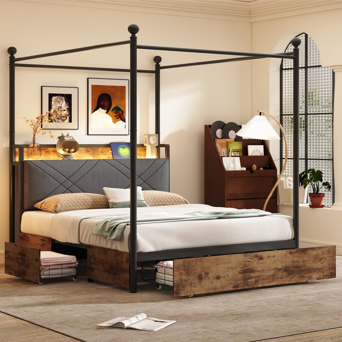 Smeedijzeren tweepersoonsbed 140x190 cm - afneembaar hemelbed met LED en USB/Type-C - zwart - drie opberglades - gepolsterd hoofdbord