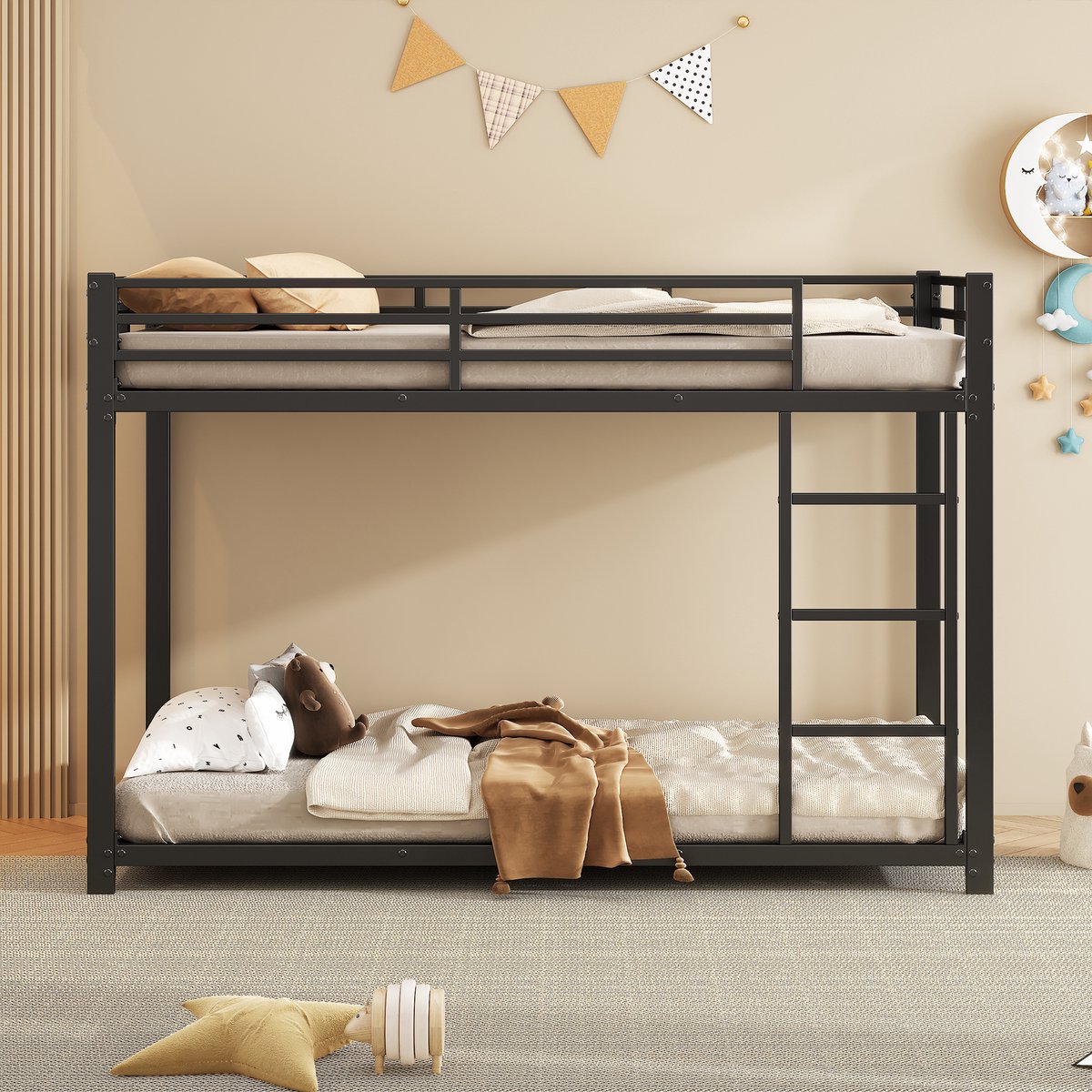 Metalen stapelbed 90x200 cm - Klassiek design in zwart - Geschikt voor twee personen - Hoge 26 cm veiligheidsrekken en ijzeren lattenbodems - Robuust stalen frame met 120 kg draagkracht per bed