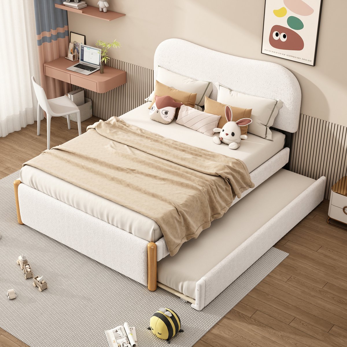 Gestoffeerd dagbed met uitschuifbed - 2-in-1 voor compacte ruimtes - 140x200 cm hoofdbed, 91x191 cm rolbed - Wit - Zacht pluche hoofdeinde en minimalistisch frame - Links/rechts te plaatsen