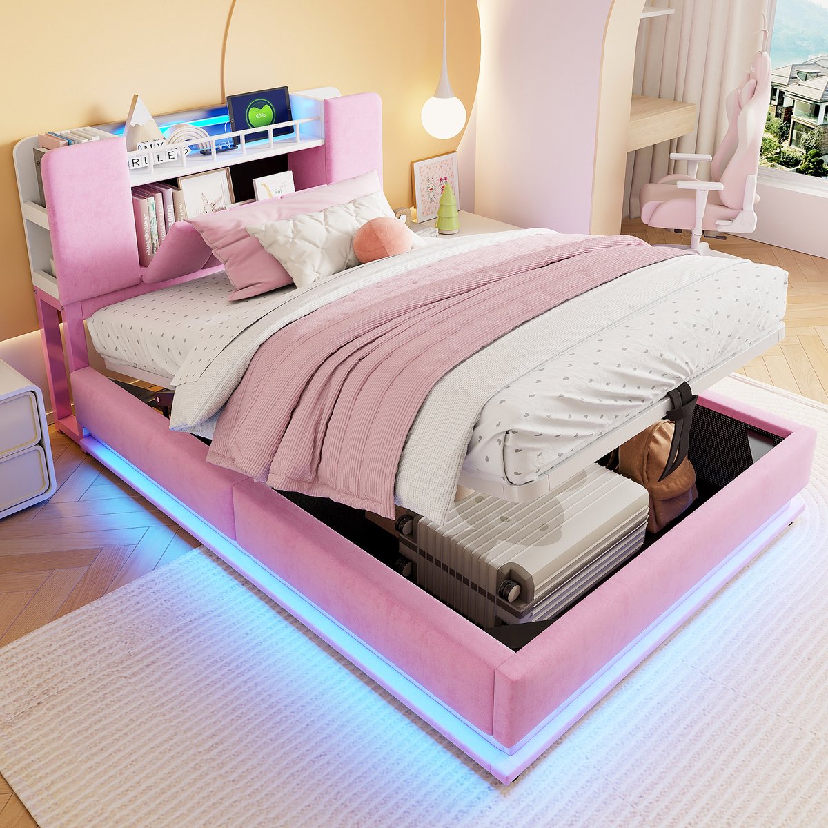 Slim gestoffeerd kinderbed 90x200 cm - met LED, USB en hydraulische opbergruimte - eenpersoons - roze fluweel - stevig metalen frame - lattenbodem inbegrepen