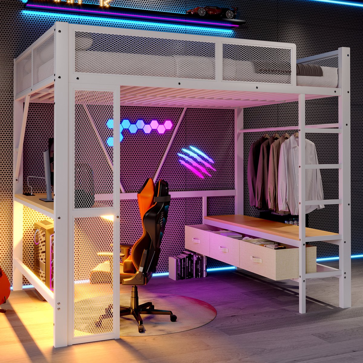 Metalen hoogslaper 140x200 cm - compleet met bureau, kledingkast en LED - Wit - USB-oplaadpoort en 16 kleuren sfeerverlichting - 3 wasladen en open kledingrek