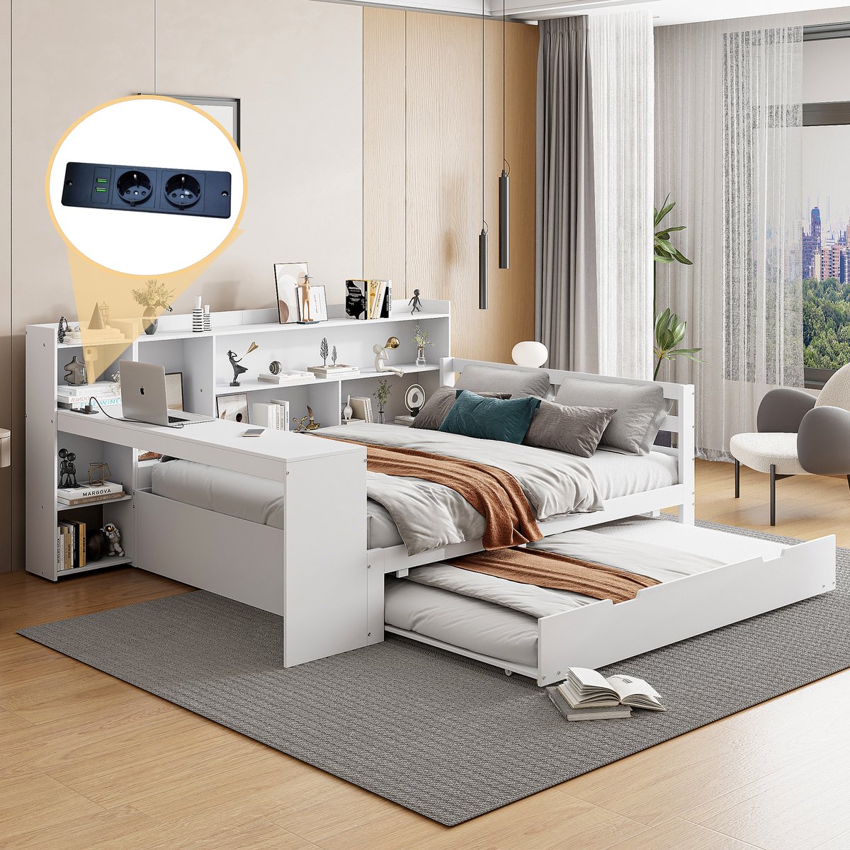 Houten slaapbank - multifunctioneel met uitschuifbed en bureau - 140x200 cm - Wit - Inclusief boekenkasten en opbergvakken - Stopcontacten en USB-poorten