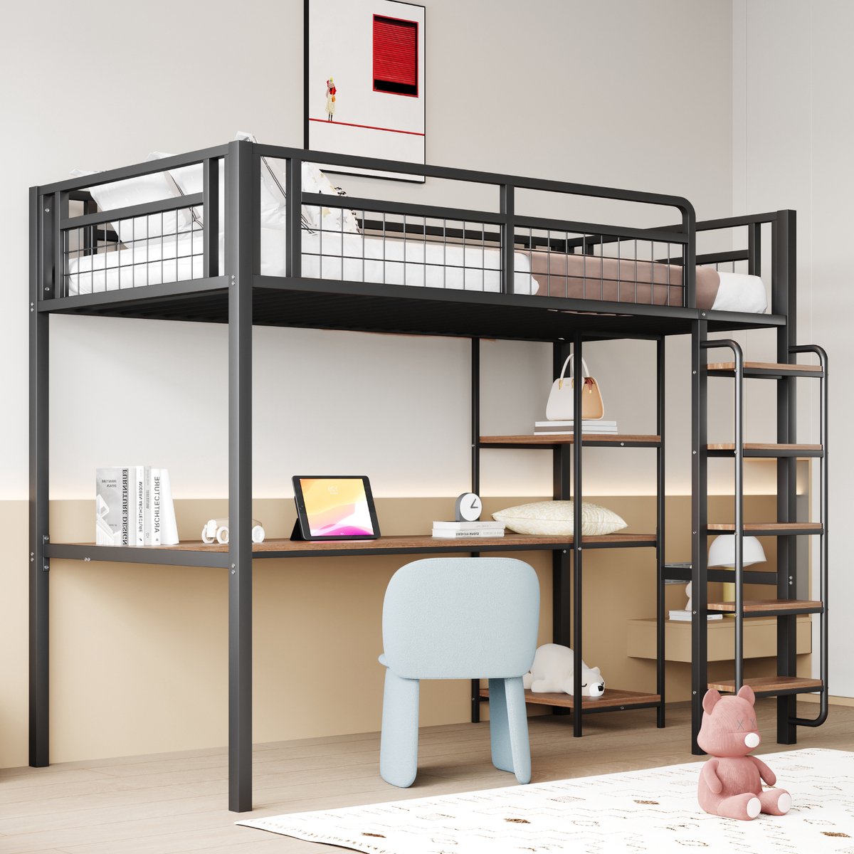 Metalen hoogbed 90x200 cm - Multifunctioneel met bureau en legplanken - Zwart - Veilige trap met brede treden - Metalen gaashek - Ruimtebesparend - Geschikt tot 120 kg