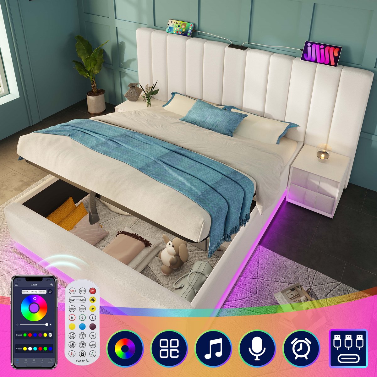 Gestoffeerd opbergbed 180x200 cm - App-gestuurde 360° LED en USB-C snelladen - Wit PU - Hydraulische opbergruimte - Stabiel tot 300 kg - 3 middensteunen - Matrasloze set