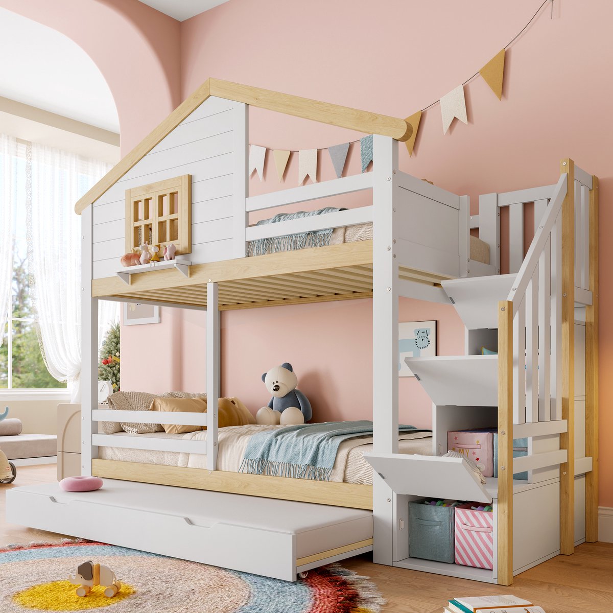 Houten stapelbed met uitschuifbed en opbergtrap - Geschikt voor matras 90x200 cm - 3 personen - Wit + naturel - Huisvorm met ramen en veiligheidshek - Massief grenenhout - Inclusief lattenbodem
