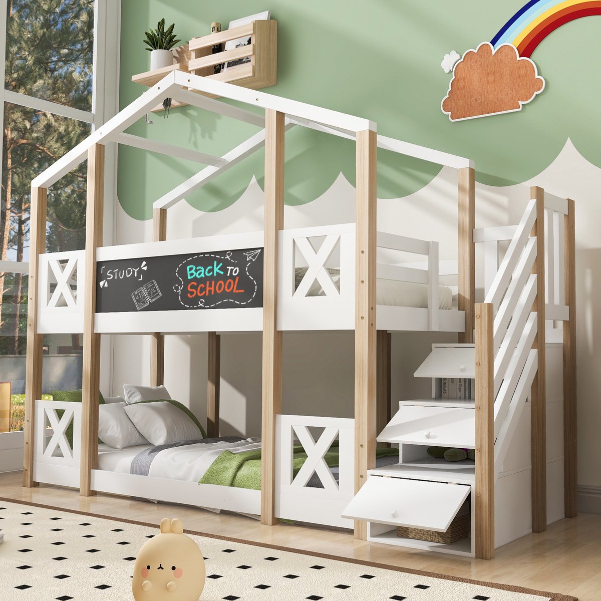 Kinderstapelbed in boomhutstijl met opbergtrap en schoolbord - 90x200 cm - 2 personen - Wit - EN 747-1:2024 gecertificeerd - Inclusief 2 lattenbodems