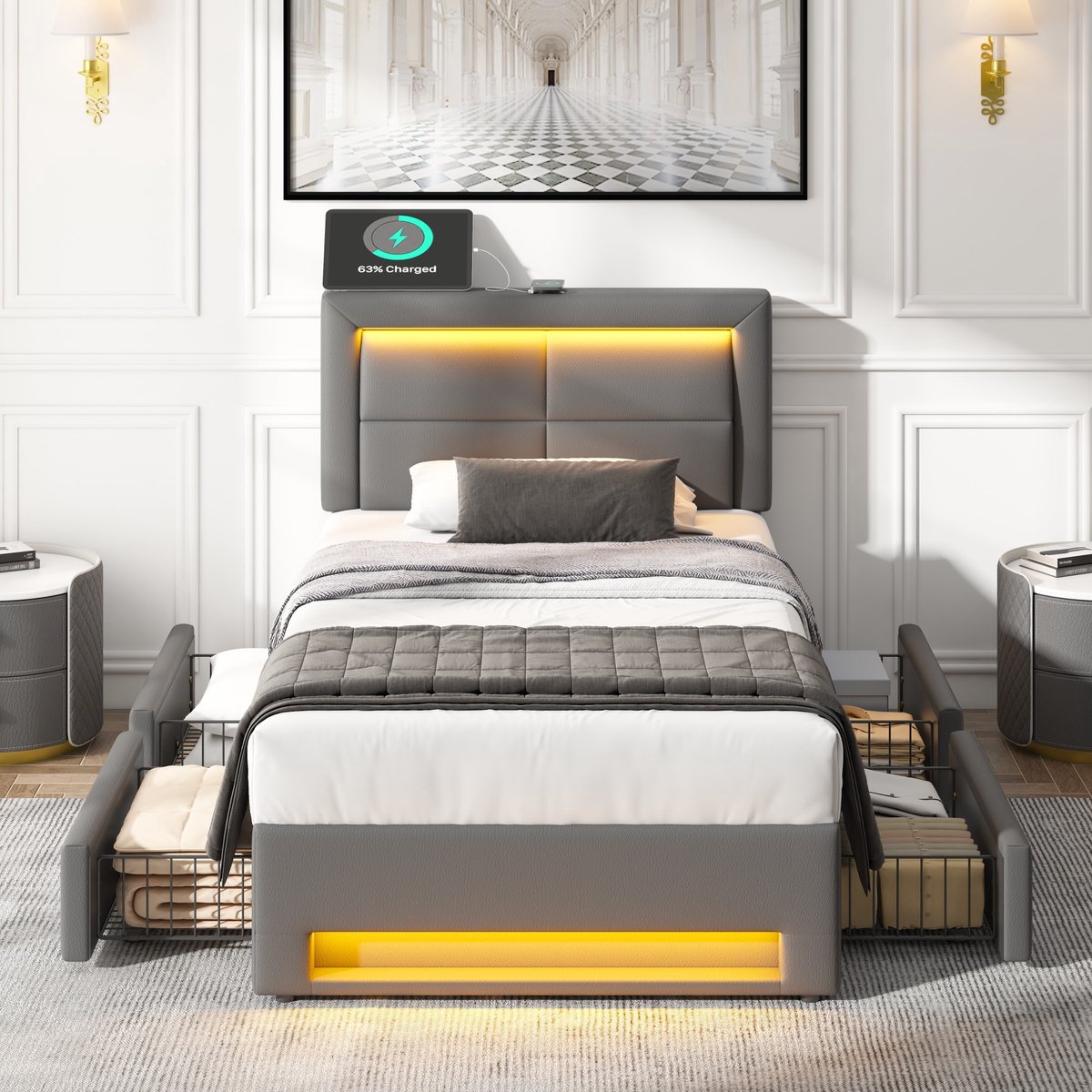 Gestoffeerd eenpersoonsbed - Draadloos en bedraad USB-laden, 12-kleuren LED - 90x200 cm - 1 persoon - Grijs - 4 opberglades - PU-litschi motief