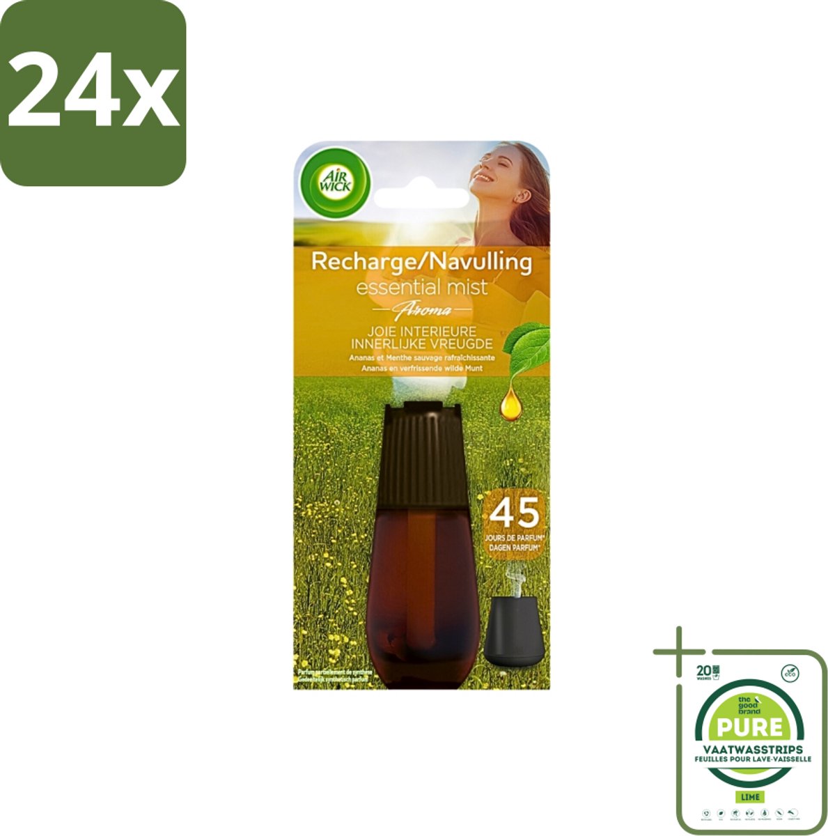 Air Wick Essential Mist - Navulling - Happiness - Ananas & Wilde Munt - 20ml - Voordeelverpakking - 24 stuks - Air Wick - Geurverspreider