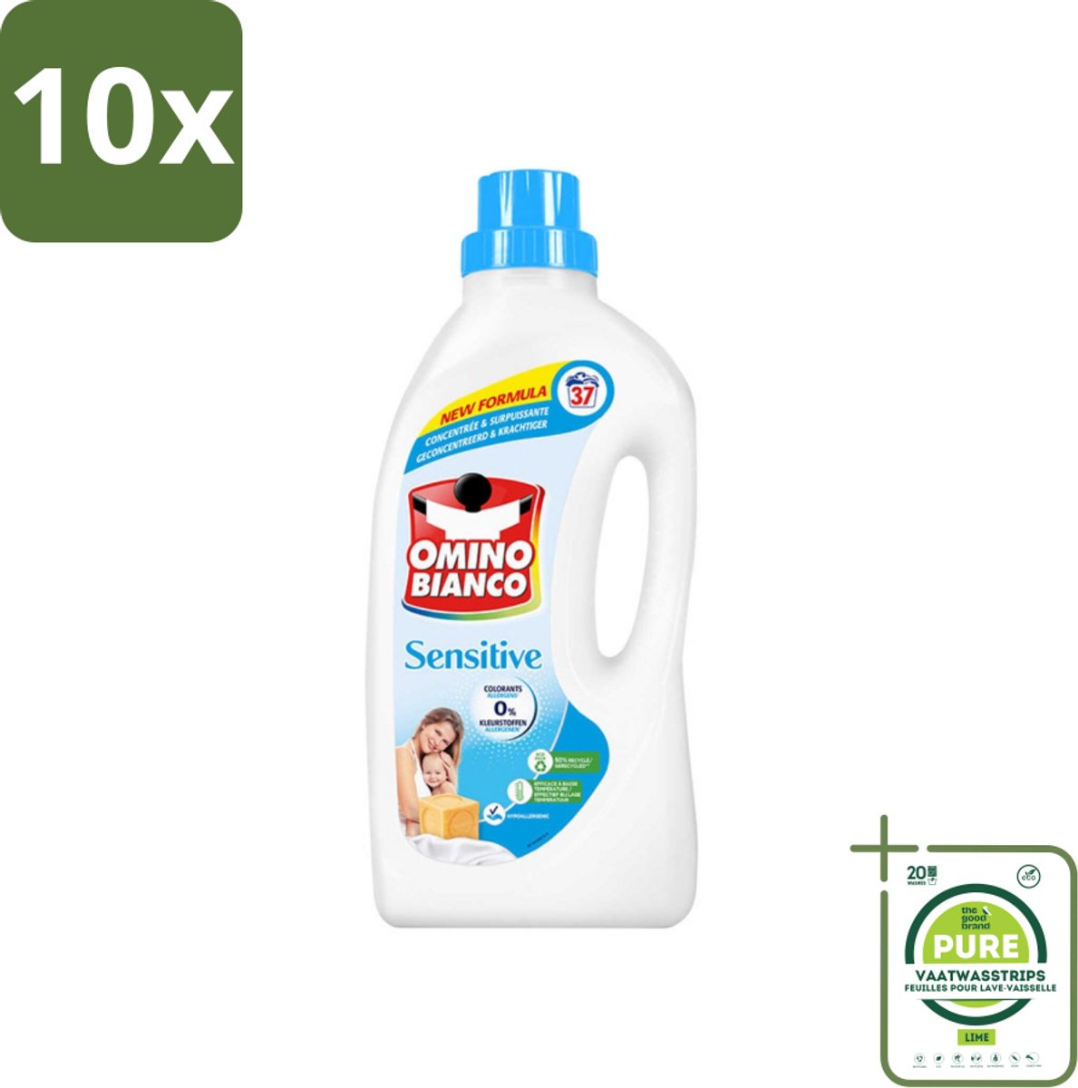 10 x Omino Bianco - Gevoelig - Wasmiddel - Witte & Gekleurde Was - 37 Wasbeurten - Grootverpakking - Wasmiddel - Gevoelige Huid - Hypoallergeen - Zonder Allergenen - Zonder Kleurstoffen