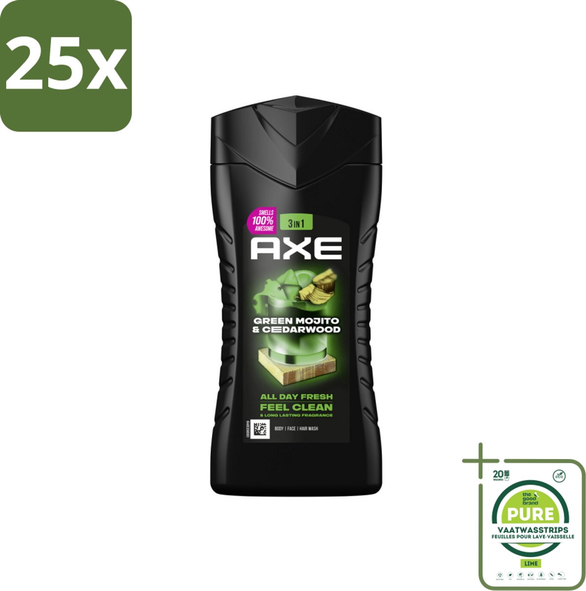 25 x Axe - 3-in-1 Douchegel - Wild Mojito & Cedarwood - 12hrs Long Lasting Scent - 250 ml - Grootverpakking - Douchegel - Deodorant - Axe - Wild Mojito - Cedarwood