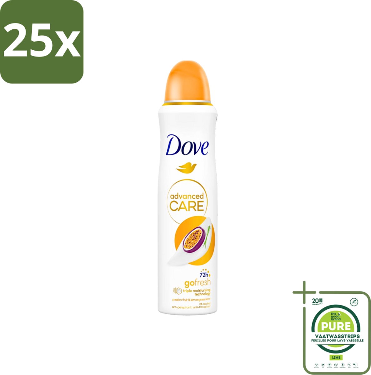 25 x Dove - Deospray - Passievrucht & Citroengras - 150 ml - Grootverpakking - Deodorant - Anti-transpirant - Passievrucht - Citroengras - Dove