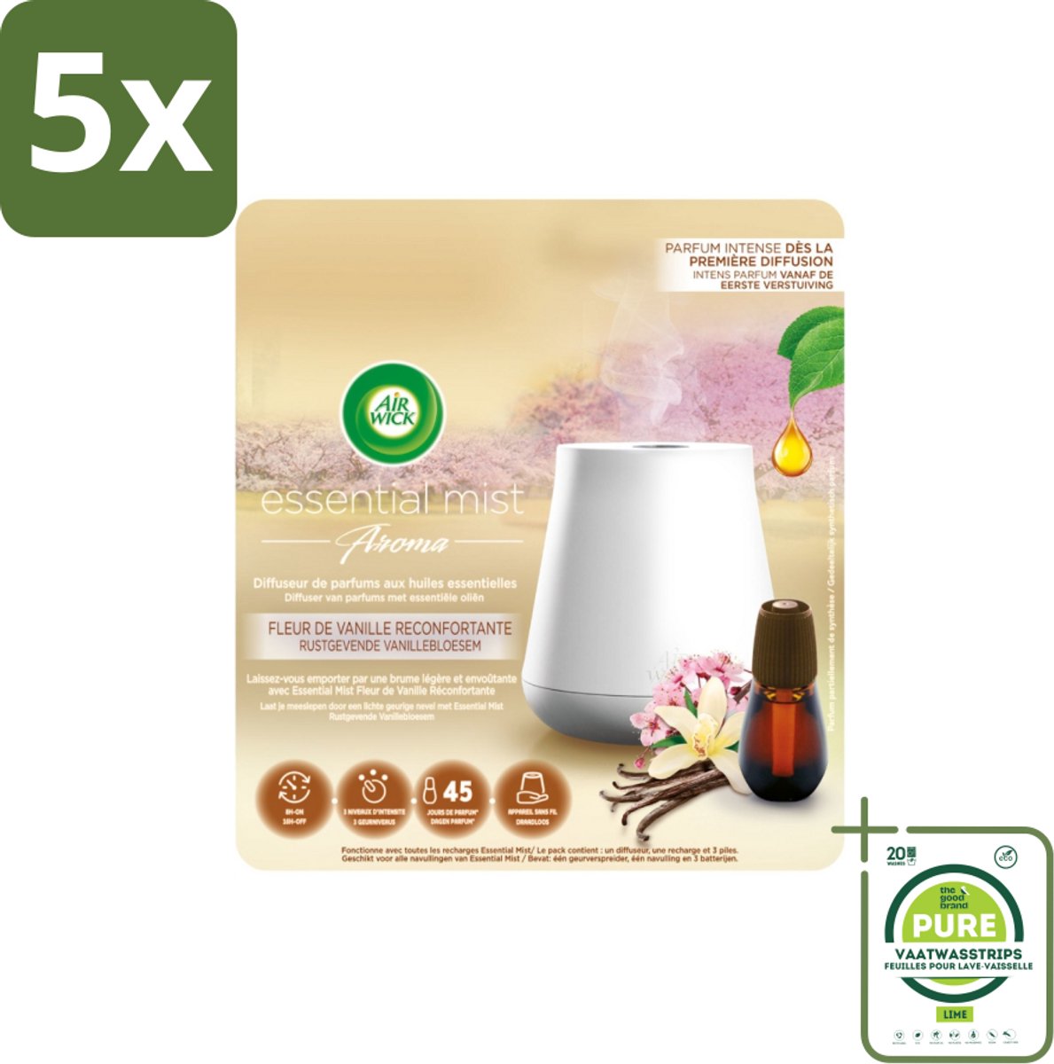5 x Air Wick Essential Mist - Elektrische Geurverspreider - Starterkit - Rustgevende Vanillebloesem - 20ml - Grootverpakking - Elektrische Geurverspreider - Geurverspreider - Essentiële Oliën - Vanillebloesem - Rustgevende Geur