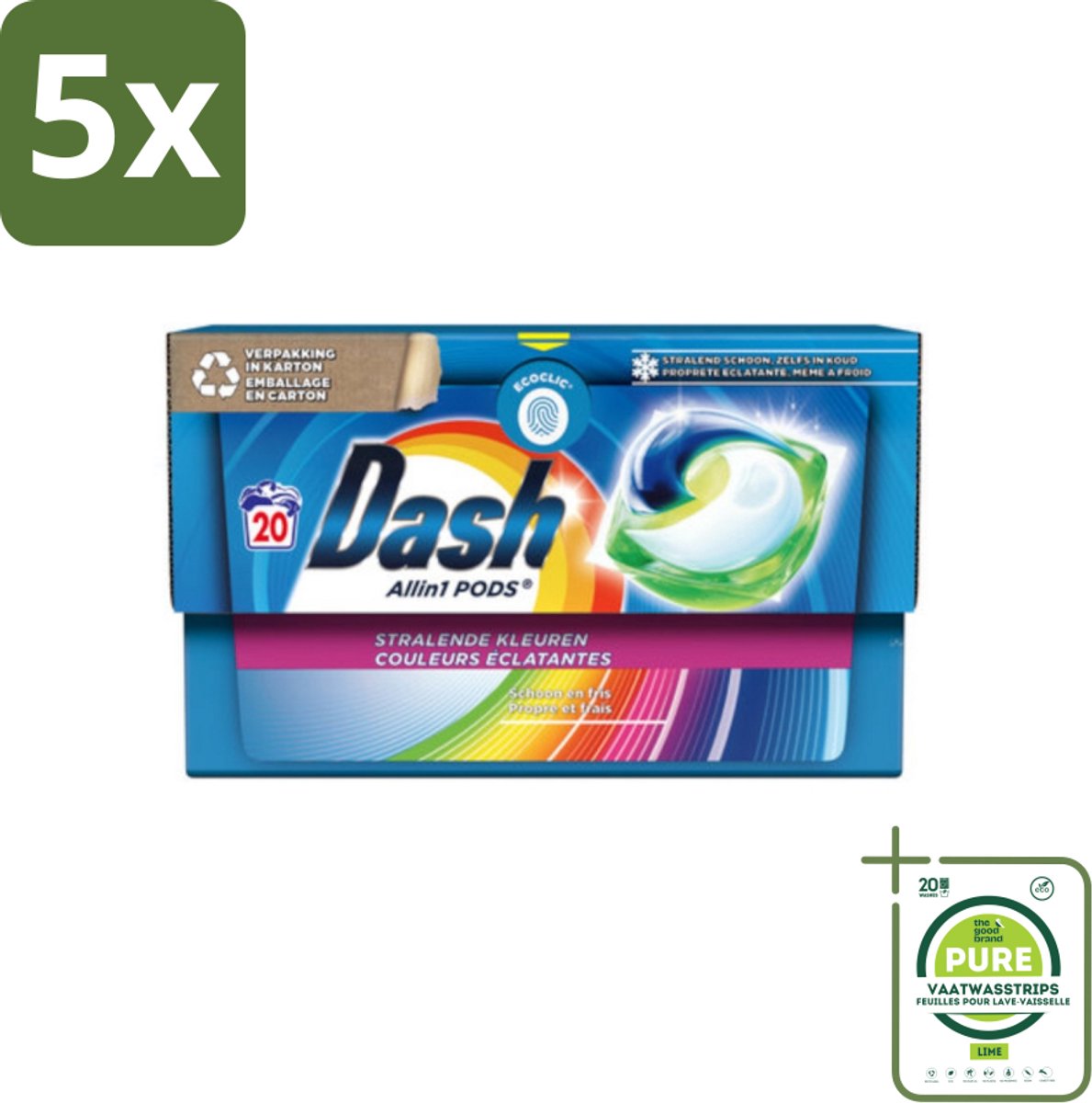 5 x Dash - Stralende Kleuren - Wasmiddel Capsules - All-in-1 Pods - Gekleurde Was - 20 Wasbeurten - Grootverpakking - Wasmiddel Capsules - Gekleurde Was - Wasverzachter - Lenor Geur - Vlekkenverwijderaar