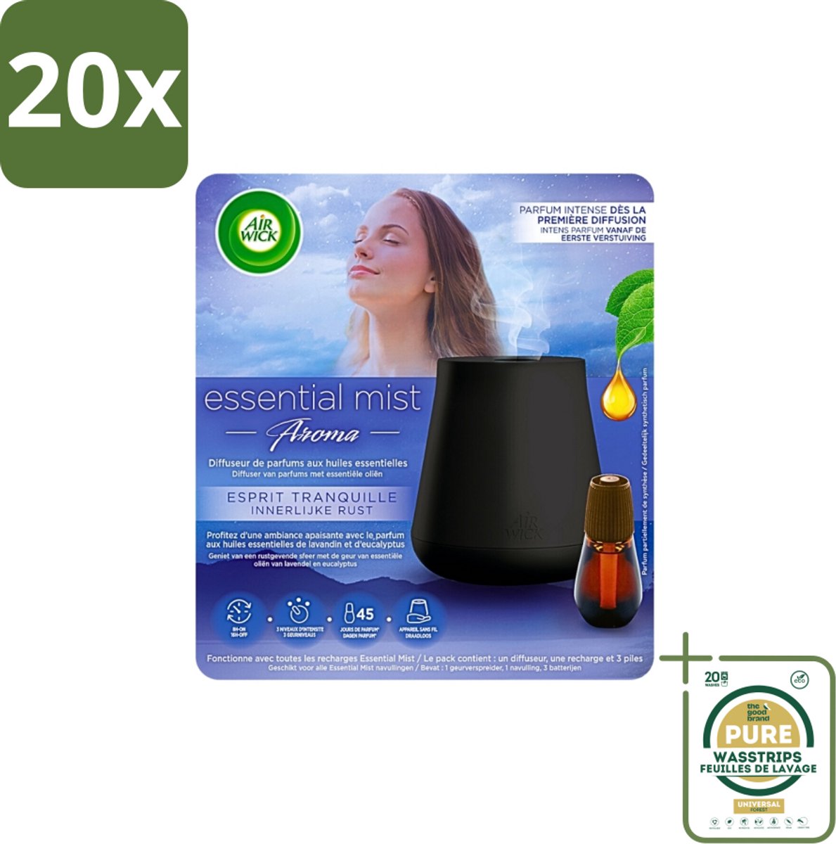 20 x Air Wick Essential Mist - Automatische Luchtverfrisser Kit - Innerlijke Rust - Eucalyptus & Lavendel - Grootverpakking - Luchtverfrisser - Aromatherapie - Eucalyptus - Lavendel - Rustgevende Geur