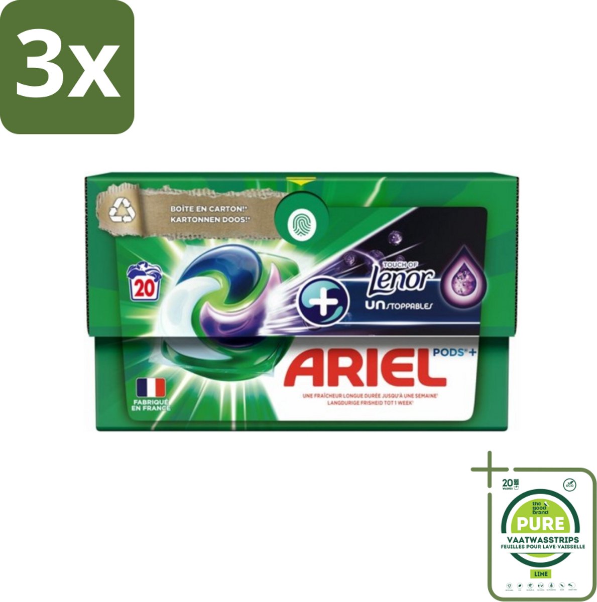 3 x Ariel Original - Touch of Lenor Unstoppables - Wasmiddelcapsules - Pods+ - Witte en Gekleurde Was - 20 Wasbeurten - Grootverpakking - Wasmiddelcapsules - Waspoeder - Ariel - Lenor - Wasverzachter